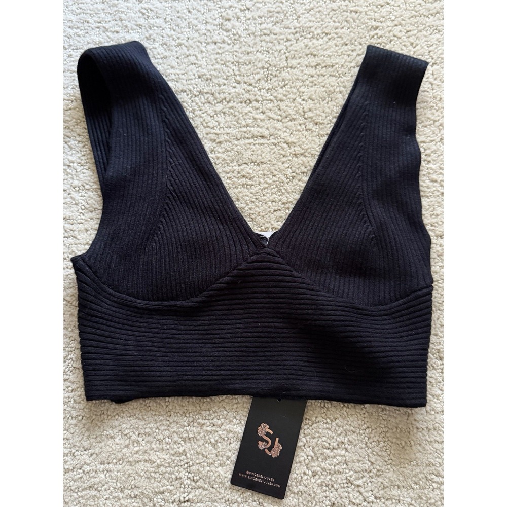 Sincerely Jules Black Ribbed Knit Deep V-Neck Crop Top Sleeveless Medium